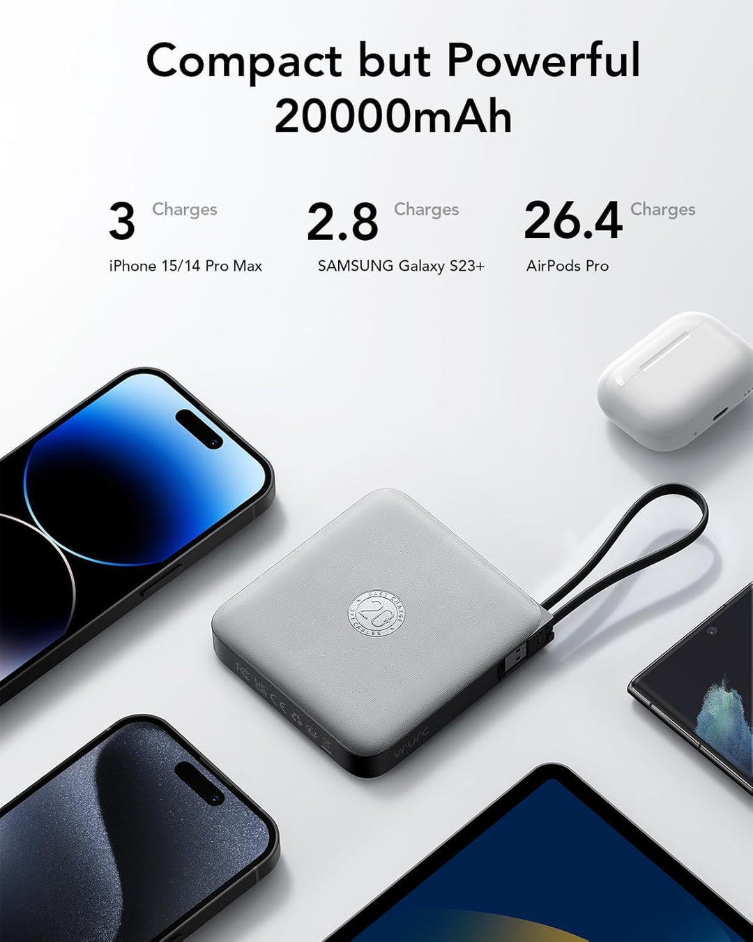 VRURC Powerbank 20000mAh mit Kabel Klein Power Bank USB C Schnelles Aufladen Tragbares Ladegerät Ext