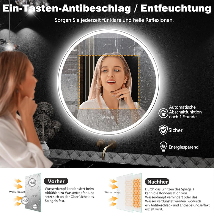 60cm Runde LED Badezimmerspiegel mit Beleuchtung, Dimmbar &amp; 3 Farben – Front- &amp; Hintergrundbeleuchtu