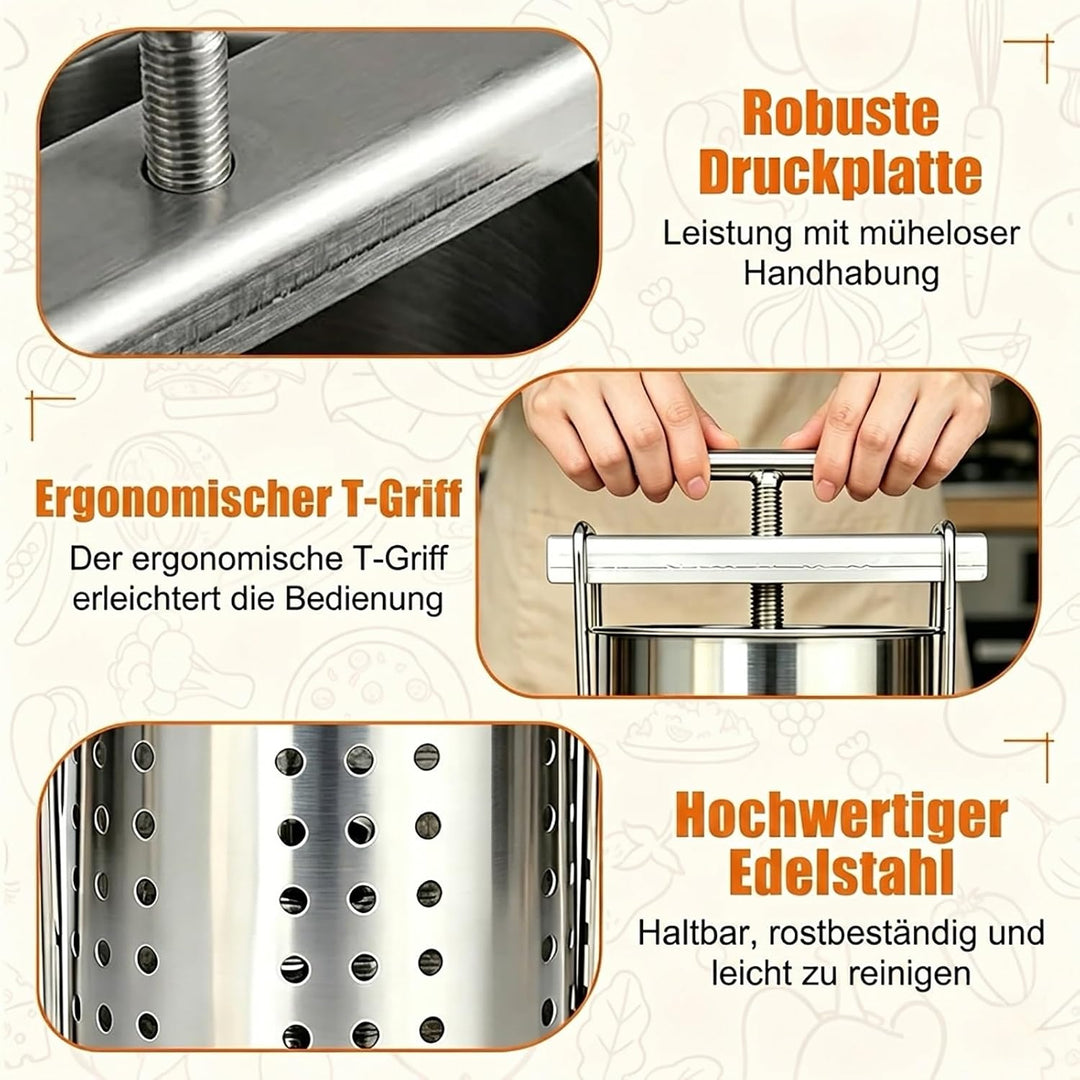 Edelstahl Gemüsepresse Manuell 2,5L – Spindelpresse zum Entwässern von Gemüse, Kohl und Sauerkraut –