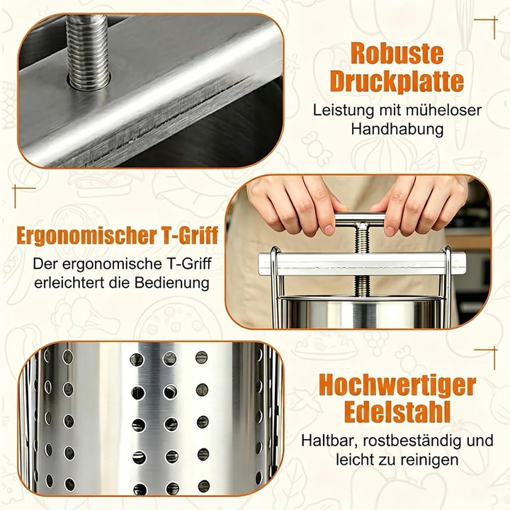 Edelstahl Gemüsepresse Manuell 2,5L – Spindelpresse zum Entwässern von Gemüse, Kohl und Sauerkraut –