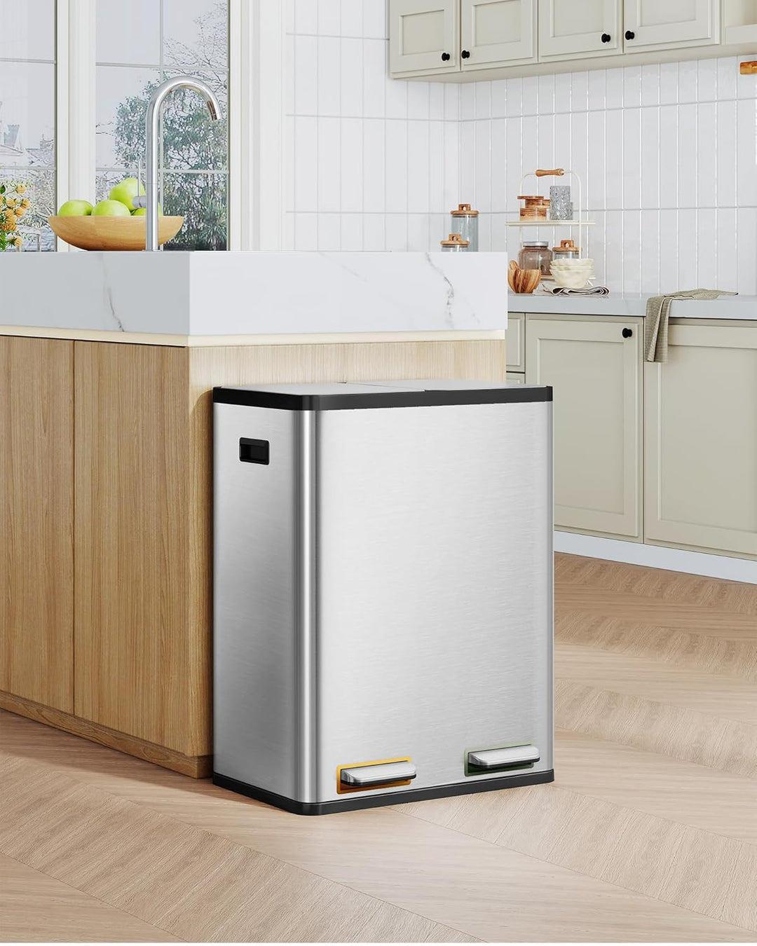 Hzuaneri Mülleimer Küche, Mülltrennsystem 2 Fächer 60L (2 x 30 L), Edelstahl-küchenmülleimer mit far
