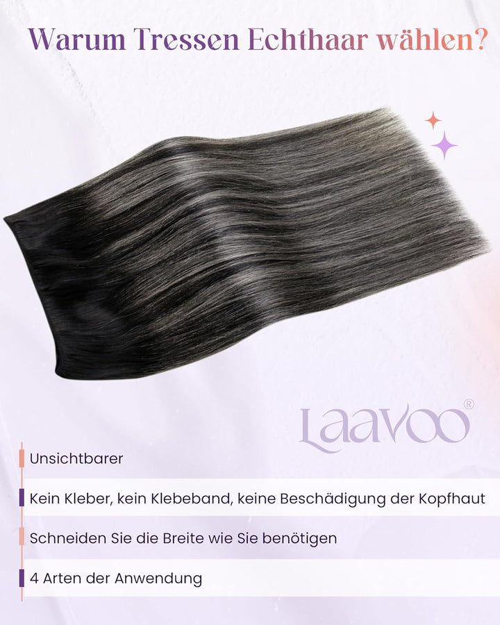 LaaVoo 55cm Extention Tressen Echthaar Balayage Schwarz Silber Sew in Tressen Echthaar zum Einnähen