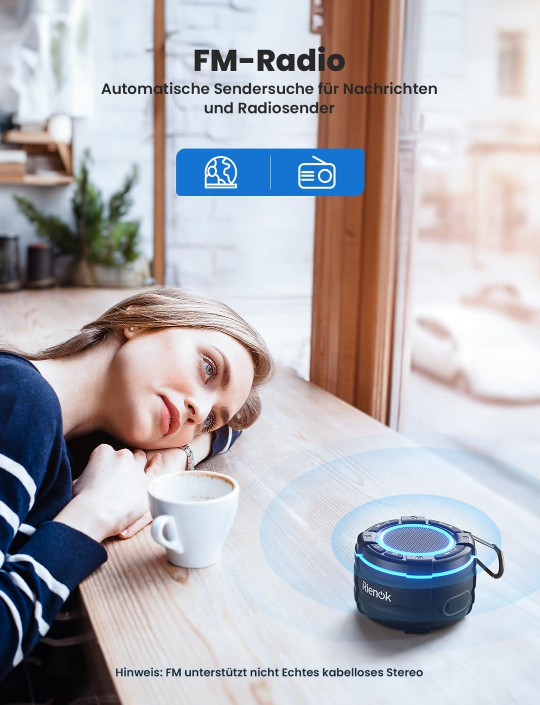RIENOK Bluetooth Lautsprecher Duschradio FM Radio 12 Std. IPX7 Shower Speaker Bluetooth Duschlautspr