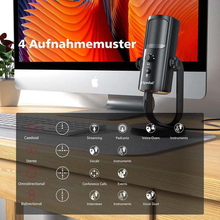 Spedal USB Gaming Mikrofon, 4 Pickup-Patterns Kondensator Mikrofone mit Stummschalttasten eingebaute