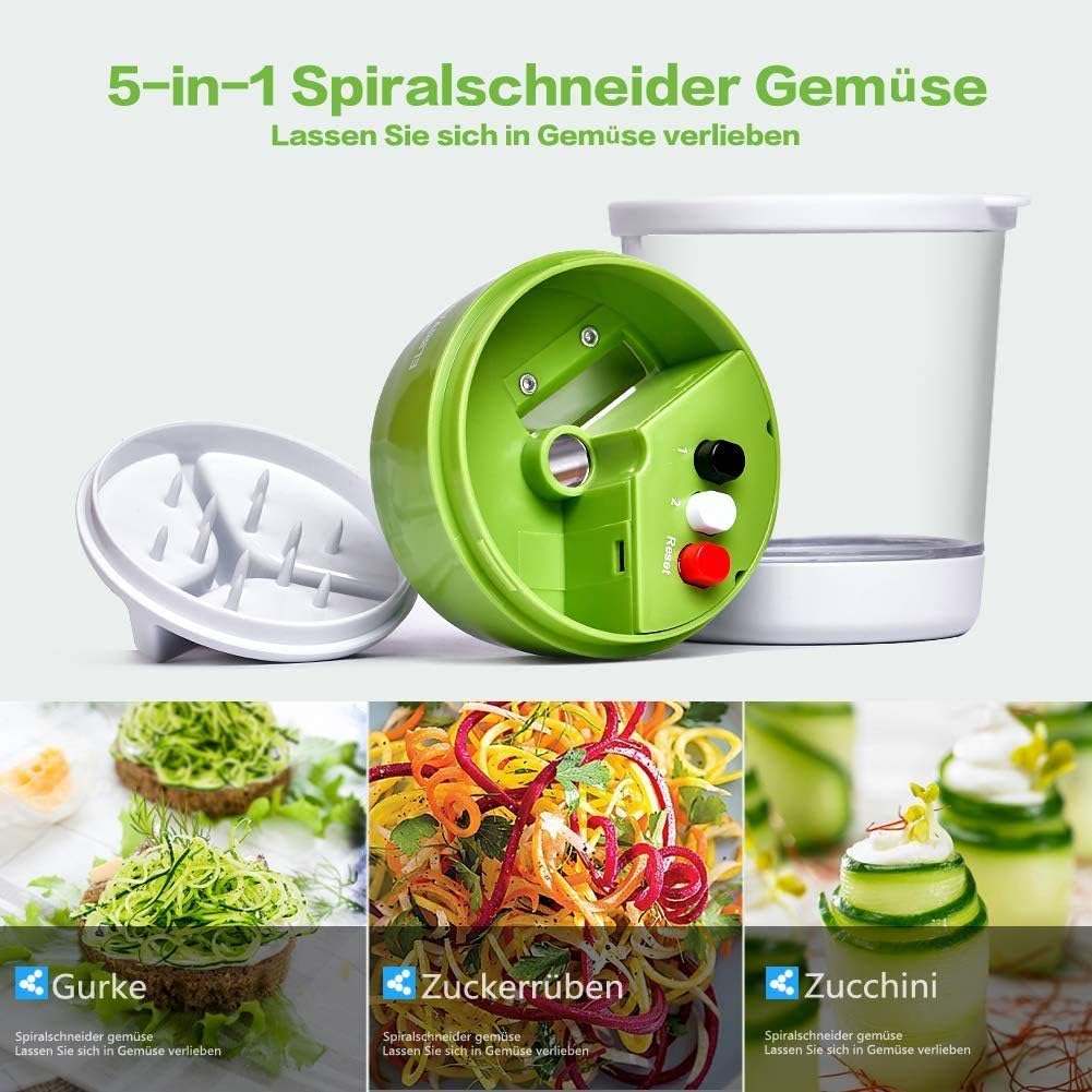 Neueres Modell 5 in1 Spiralschneider Hand für Gemüsespaghetti, Gemüse Spiralschneider mit Behälter,