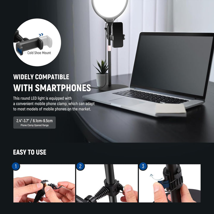 NEEWER Basics 10,5" Desk Ring Light w Stand/Phone Holder/Timer, Full Screen 15W Dimmable LED Selfie