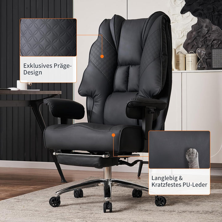 XXL Bürostuhl Ergonomisch, Chefsessel mit Hoher Rückenlehne, Verstellbaren Armlehnen und Breitem Sit