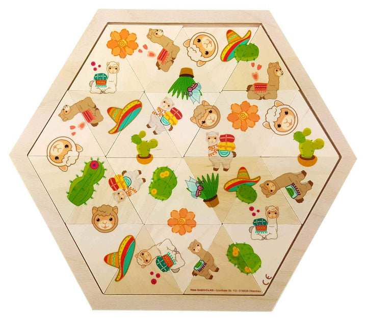 Hess Holzspielzeug 14965 - Mosaik-Legespiel aus Holz in sechseckiger Form mit 24 Teilen, Serie Lama,
