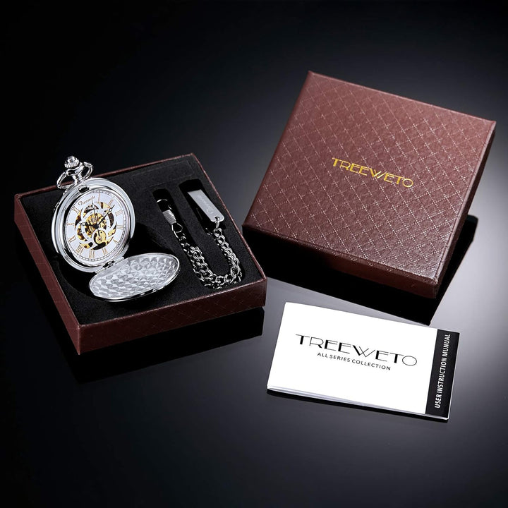 TREEWETO Unisex Taschenuhr mit Kette Analog Handaufzug Antik Graviert Römische Silber/Gold/Schwarz,