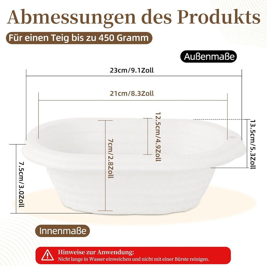 6er-Set Ovaler Gärkorb aus Zellstoff 23 x 14 cm mit 6 Leinen-Einlegern – Sauerteig-Brotbackform für