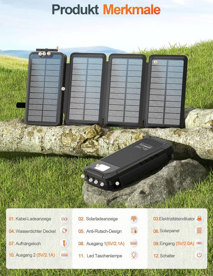 Solar PowerBank 26800mAh, Solar Ladegerät mit 4 Solarpanels, Taschenlampe, Zwei 5V 2.1A USB-Ports Ex