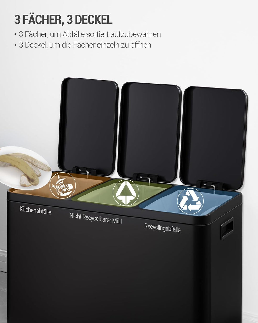 Hzuaneri Mülleimer Küche, Mülltrennsystem 3 Fächer 45L (3 x 15 L), Edelstahl-küchenmülleimer, Tretmü
