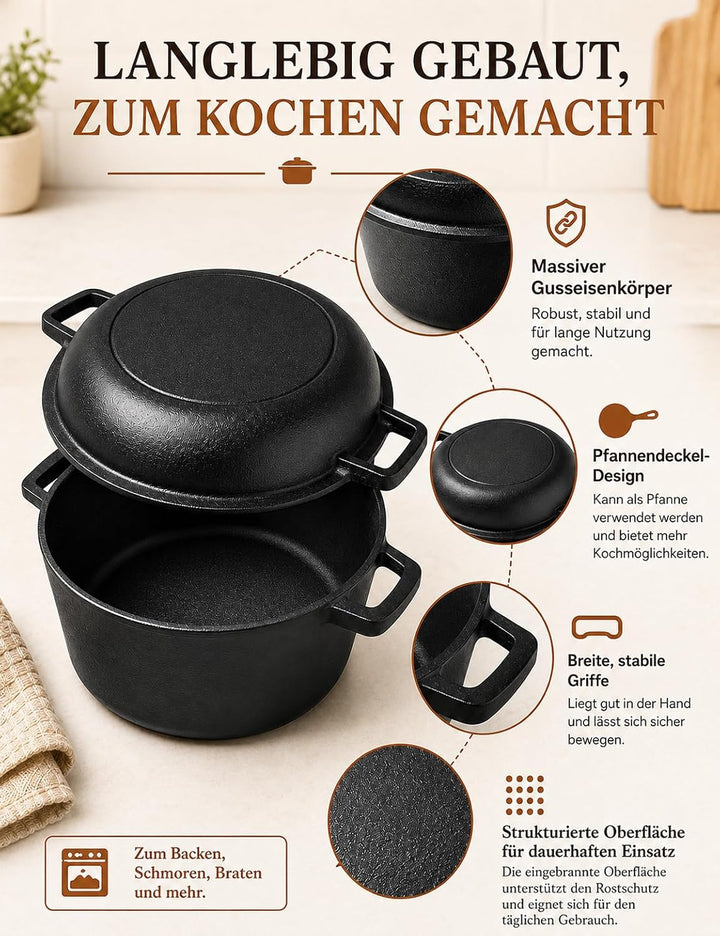 Gusseisen Topf zum Brotbacken, 26 cm, Rund 4,7 L, mit Pfannendeckel