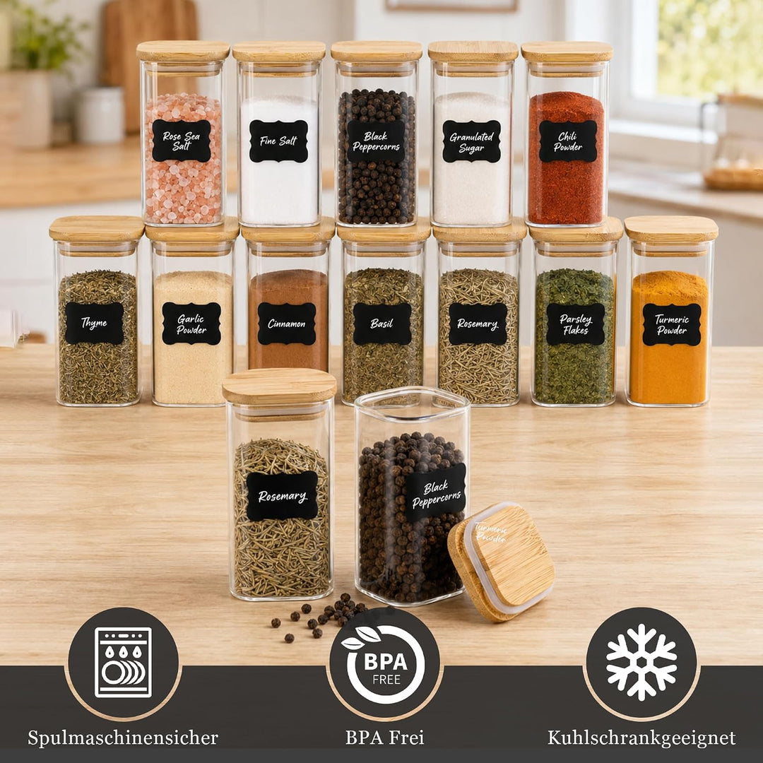 Gewürzgläser Eckig, 12 x 240 ml, Gewürzgläser Gross mit Bambusdeckel