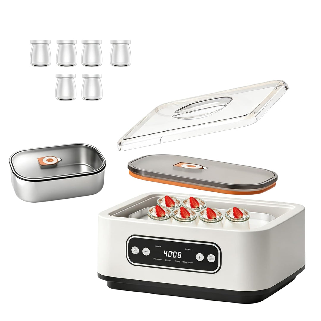 Joghurtbereiter mit 6 Glasbehälter 180ml, 1.6L Joghurtmaschine mit Temperatur &amp; Timer, 20W 4 voreing