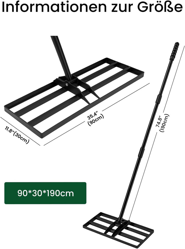 Lawn Levelling Rake 90 x 30 x 190cm, Rasenrechen Garden Grass Squeegee Sand Rakel Tool Scarifier wit