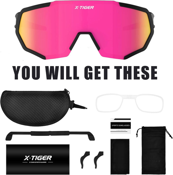 X-TIGER Fahrradbrille, Herren Damen Sportbrille, UV400 mit 5 Wechselgläser,Starker TR90 Frame, mit M
