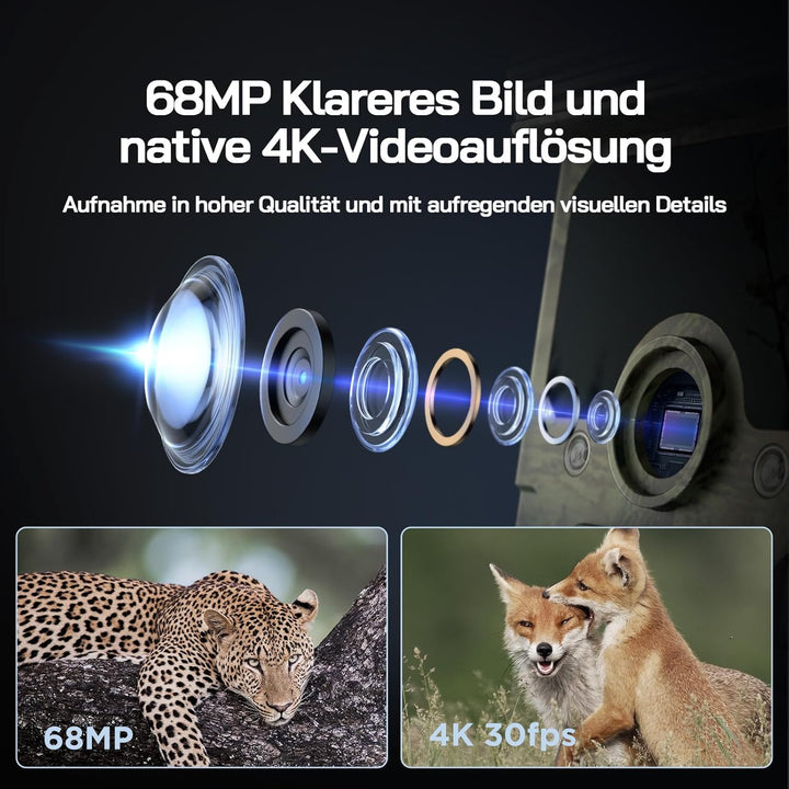 WOLFANG Wildkamera, 4K Solar Video Wildtierkamera, 68MP Full HD WLAN mit Handyübertragung APP, Beweg