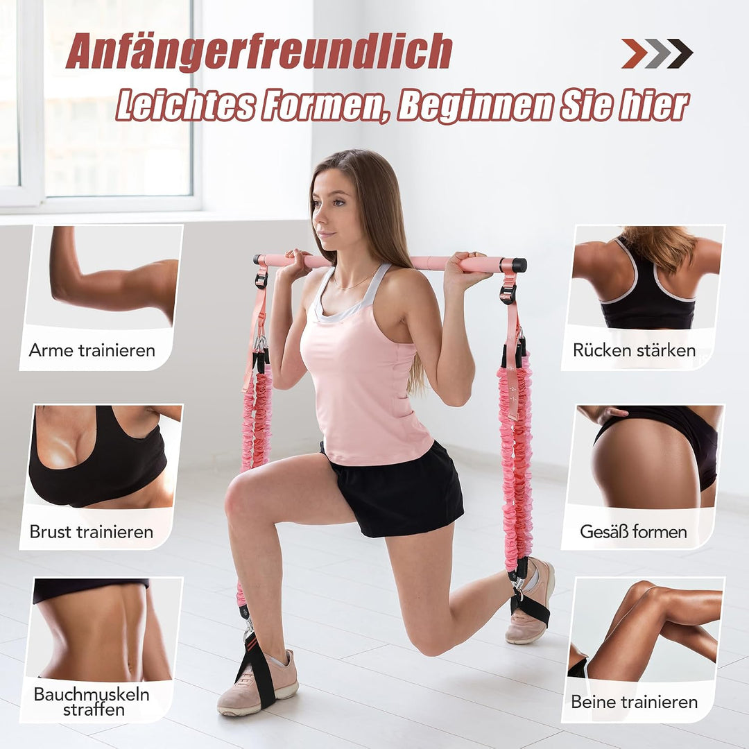 ALongSong Fitnessbänder Set mit 6 Widerstandsbänder 20-180Lbs oder 20-240Lbs &amp; Pilates-Stange, Griff