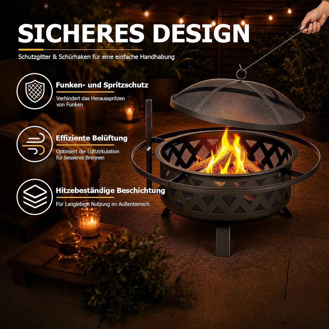 Aoxun Feuerschale mit Grillrost und Funkenschutz, 2-in-1 Feuerstelle für Garten &amp; Terrasse, 360° Sch