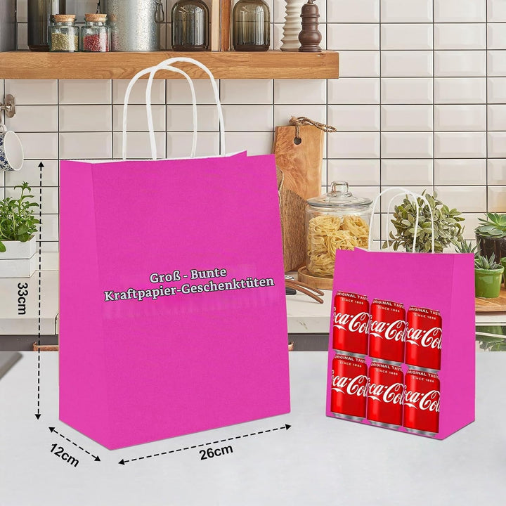 Gucass 50 Stück Gross Papiertüten mit Henkel, Bunt Kraft Papiertaschen Geschenktüten, 26x12x33cm Pap