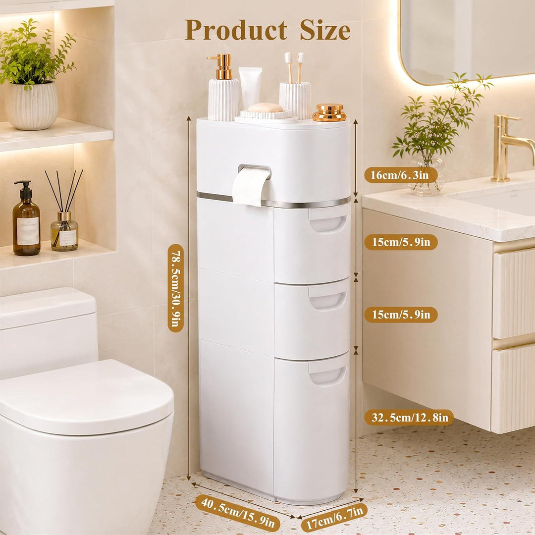 Schmale Badezimmerschrank mit Rollen, Ohne Montage, Weiss