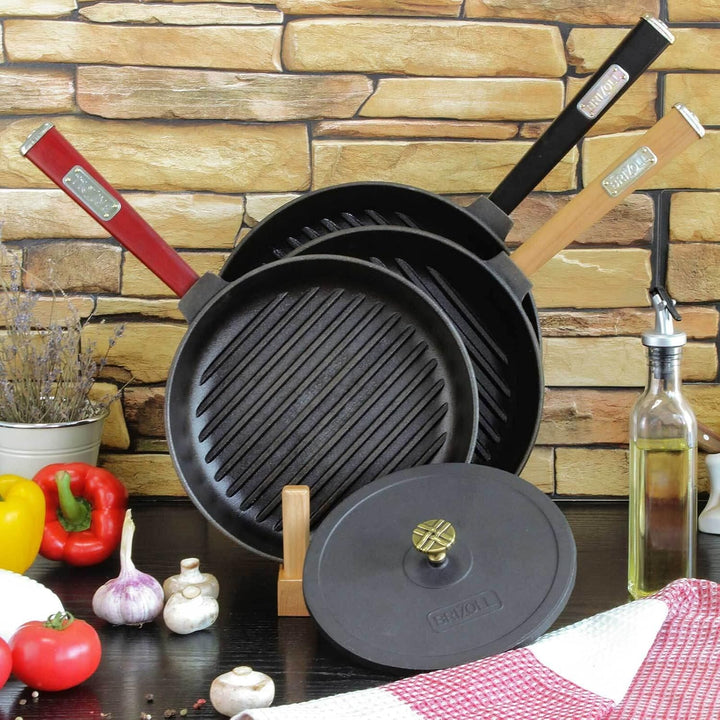 4BIG.fun Ø28cm Grillpfanne Gusseisen mit Pressdeckel Induktion Holzgriff Bratpfanne Pfanne Feuerpfan