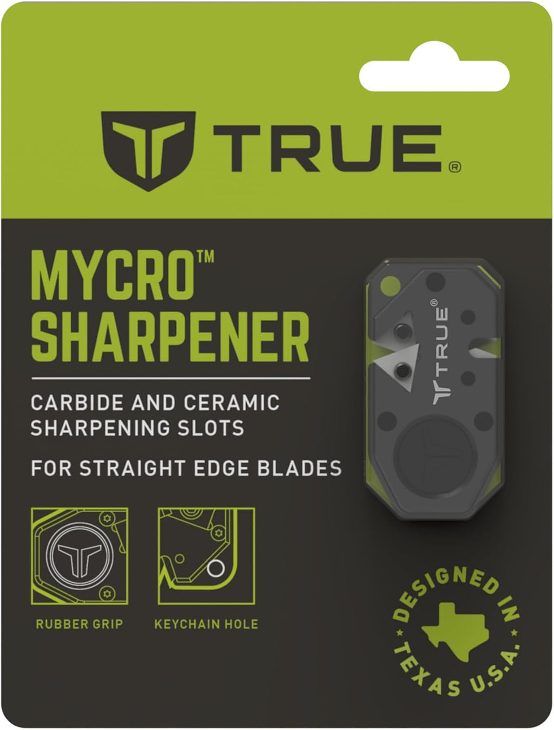 True Utility MYCRO Knife Sharpener - Kompakter Messerschärfer mit Karbid- und Keramikschlitzen - TPR