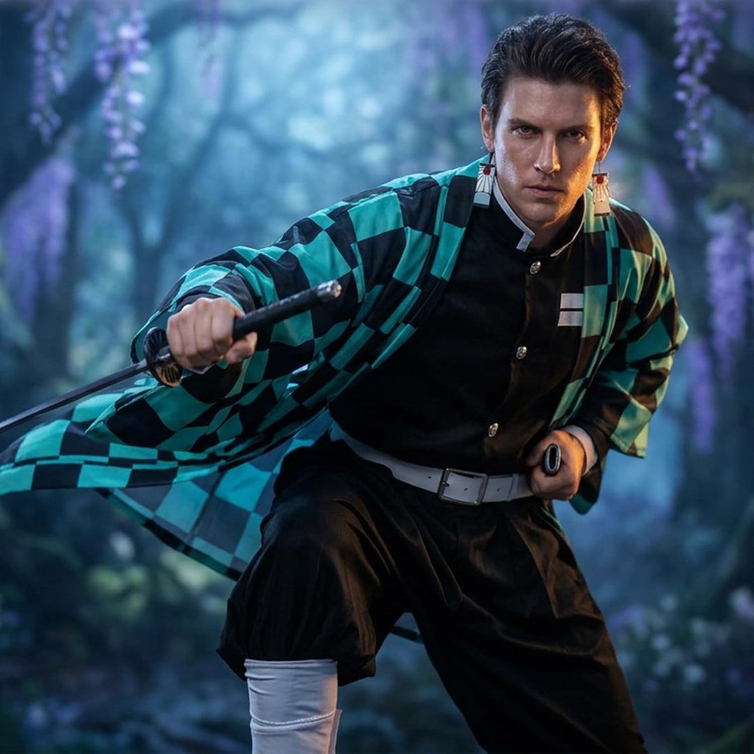 Alaiyaky Tanjirou Cosplay Kostüm mit Earrings, Demon Slayer Tanjirou Cosplay Kimono Halloween Jacke