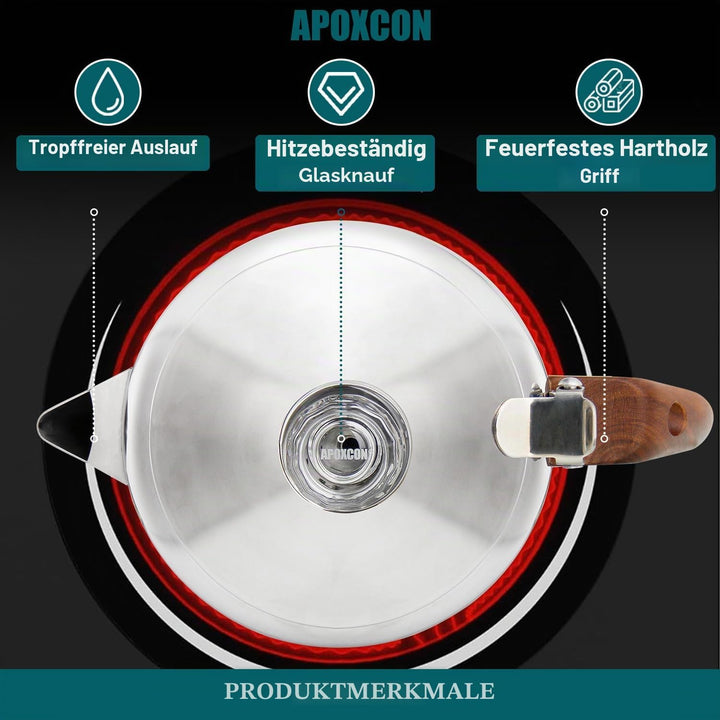 APOXCON Kaffee-Perkolatorkanne aus Edelstahl mit robustem Glasknopf und behandeltem Massivholzgriff
