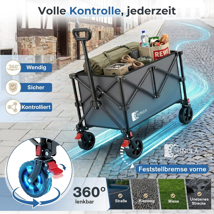SUNULA Bollerwagen 120 L – 4-seitig zusammenfaltbarer Handwagen klappbar Grau 120L, Grau 120L
