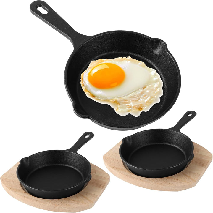 SHUESS 3er Set Gusseisenpfanne Klein Bratpfannen(Gusseiserne Pfanne 14cm) mit Holzbrett - Kleine Pfa