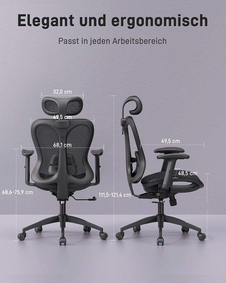 LukkDys Ergonomischer Bürostuhl mit Kopfstütze, klappbaren Armlehnen, atmungsaktiver Netz-Rückenlehn
