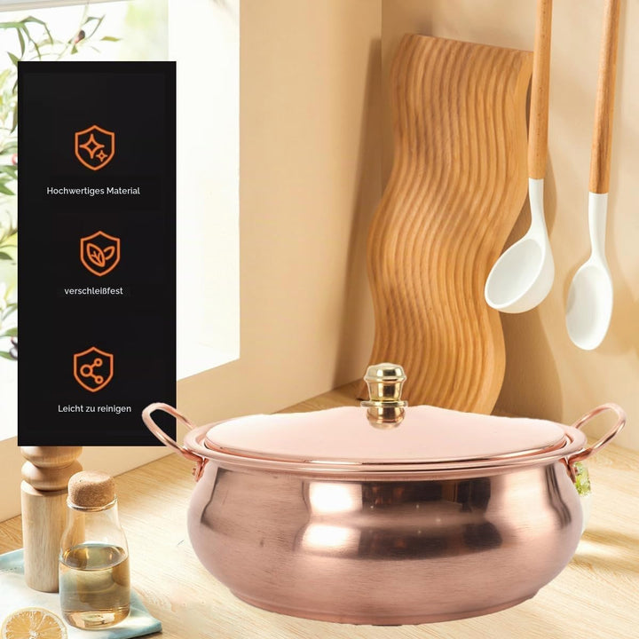 ECUTEE Kochtopf aus Kupfer 26cm Cooking Pot Kochtöpfe Kupferkochtopf mit Deckel, Uungestrichen Suppe