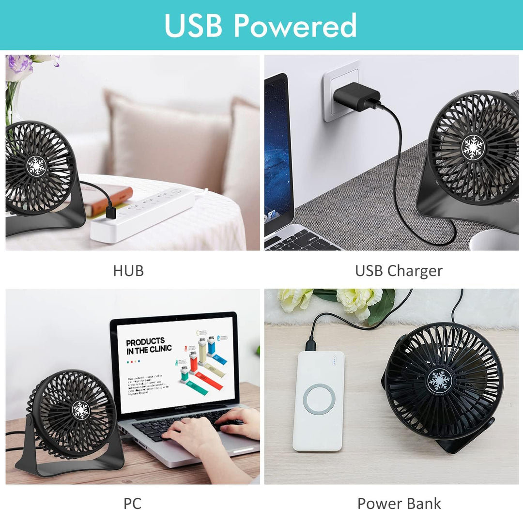 OUILA Mini Leise Ventilator, 3 Geschwindigkeitsstufen Tischventilator mit 1.2m USB Kable, 360°Drehei