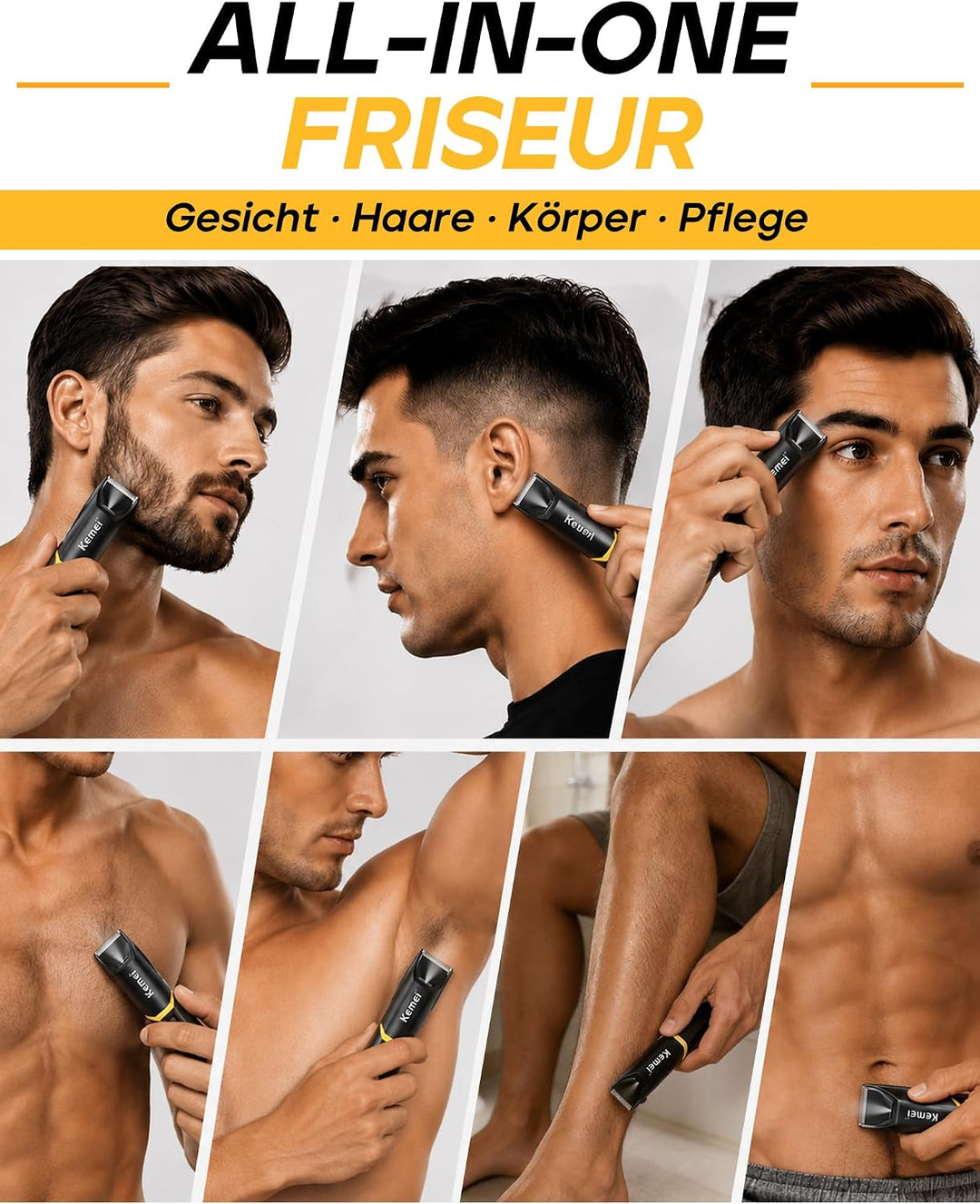 KEMEI 3208 Körperhaartrimmer Herren, Keramikklinge, 5000 U/min, Schwarz
