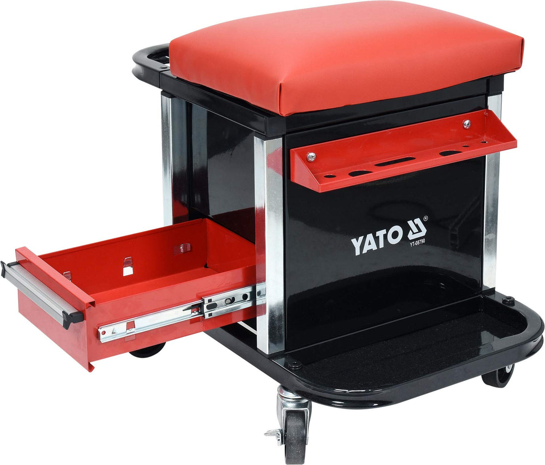 Yato Profi Werkstatthocker mit 2 Schubladen, Staufach und Ablage, 360° drehbar, 4 Rollen, stabile un
