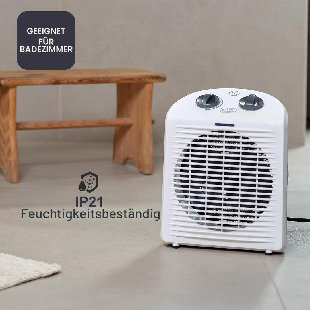 BLACK+DECKER BXSH2000E – Heizlüfter 2000W | 2 Heizstufen + Ventilator | IP21 für Badezimmer | Einste