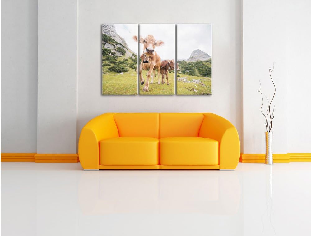 Pixxprint Almkuh auf der Weide als Leinwandbild/Grösse: 3 Teilig (120x80 cm) cm/Wandbild/Kunstdruck/