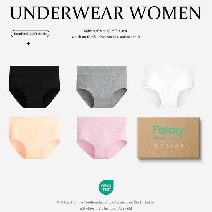 FALARY Unterhosen Damen Baumwolle Hohe Taille 5er Pack Stretch Atmungsaktiv Panties Weich Frauen Unt