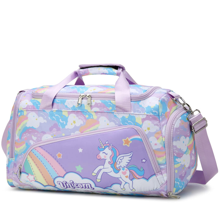 Suweir Kinder Sporttasche, Mädchen Reisetasche mit Schuhfach &amp; Nassfach Einhorn Regenbogen Lila, Ein