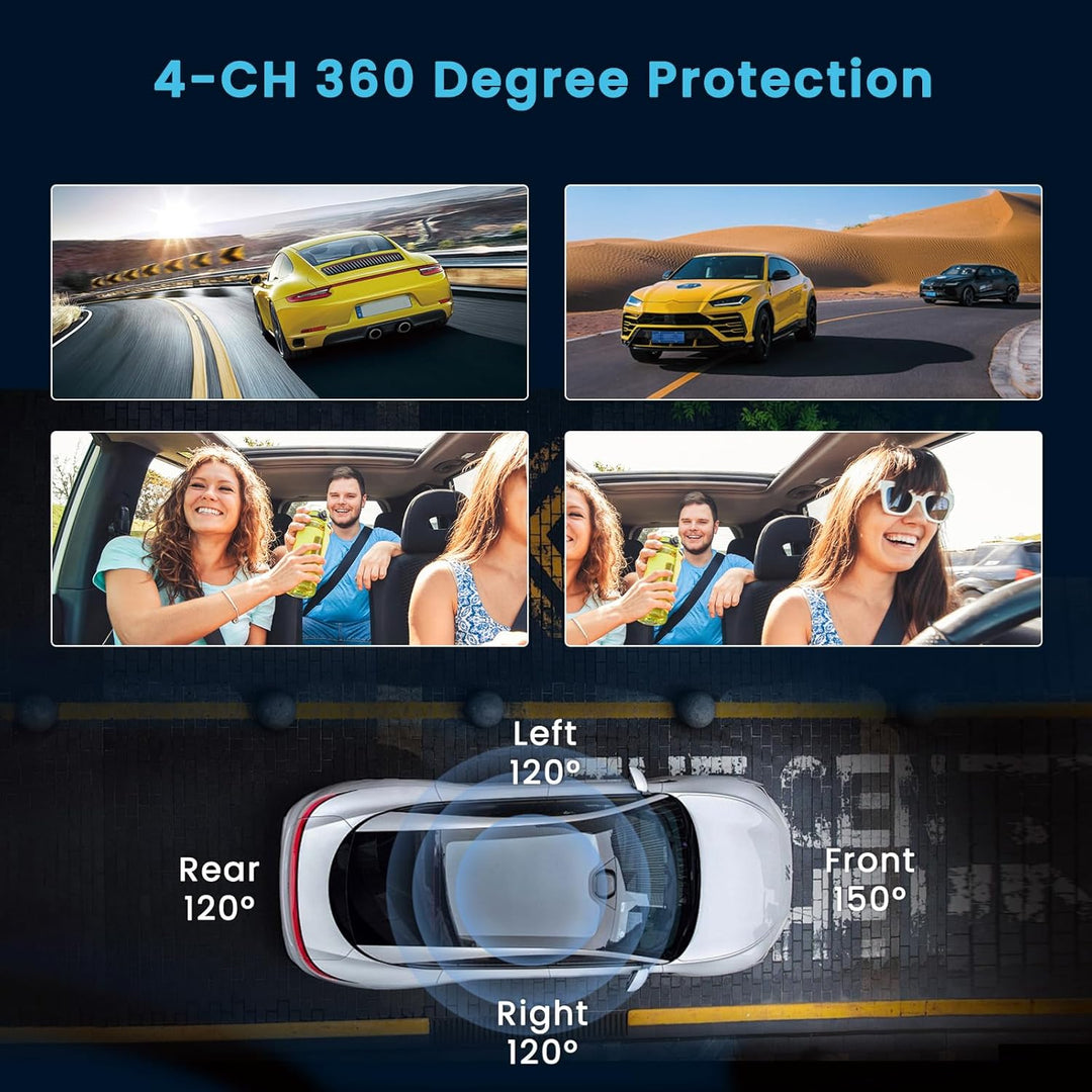 4 Kanal Dashcam Auto, 360 Grad Dashcam FHD 1080P Vorne Hinten Innen Links und Rechts, mit 3.16" Disp