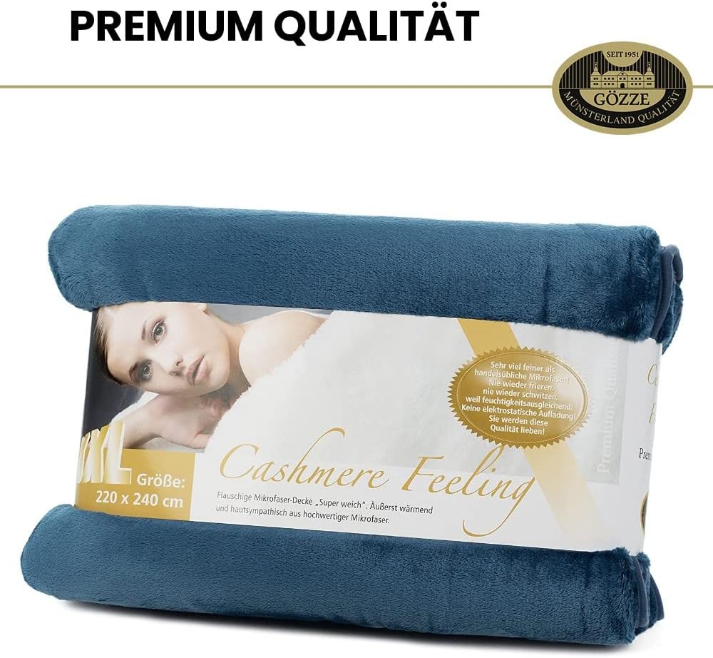 Gözze - Premium Cashmere-Feeling Wohn- und Kuscheldecke, 500 g/m², 220 x 240 cm - Blau Blau 220 x 24