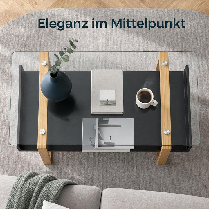 Couchtisch Glas Schwarz mit Bambus – Moderner Glastisch Wohnzimmer mit Ablage 110x55x40 cm – Wohnzim