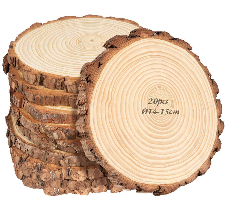 20er Set Holzscheiben 15 cm Durchmesser, Baumscheiben Naturholz mit Rinde, 15 mm Dick, Runde Holzsch