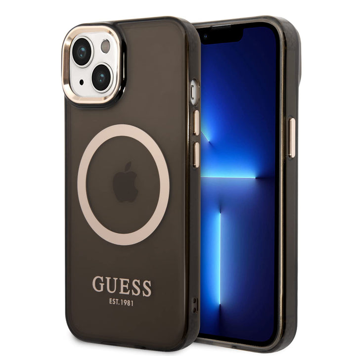 Guess GUHMP14SHTCMK Hülle für iPhone 14 6,1" schwarz/Black Hard case Gold Outline Translucent