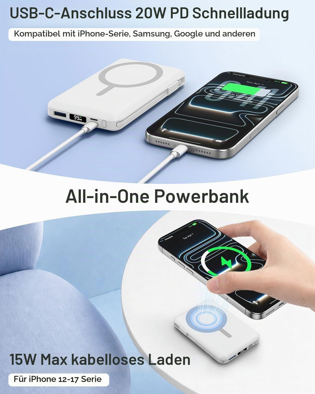 Powerbank für MagSafe, 10000mAh Magnetische Powerbank iPhone, Weiss Weiss 10000.0 Milliamperestunden