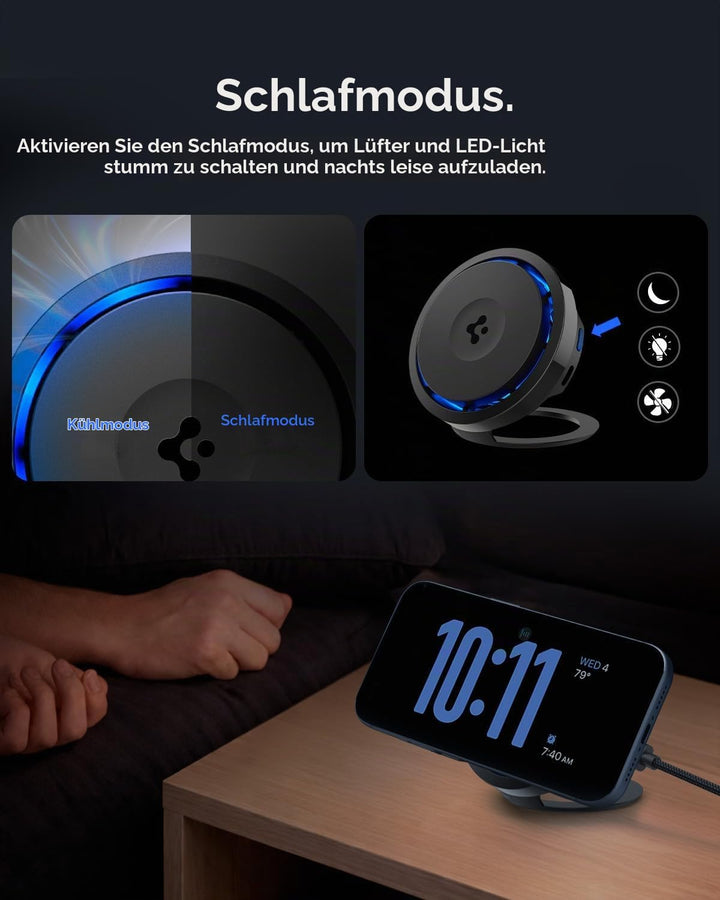 Spigen OneTap Pro 3 Cryomax Qi2 15W MagSafe Ladestation, Schwarz Ladestation mit ausklappbarem Ständ