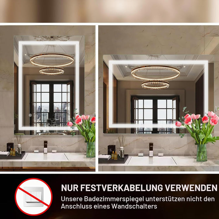 LED-Badspiegel 70x90 cm, Badezimmerspiegel Wandspiegel Lichtspiegel mit Beleuchtung mit Touch-Schalt
