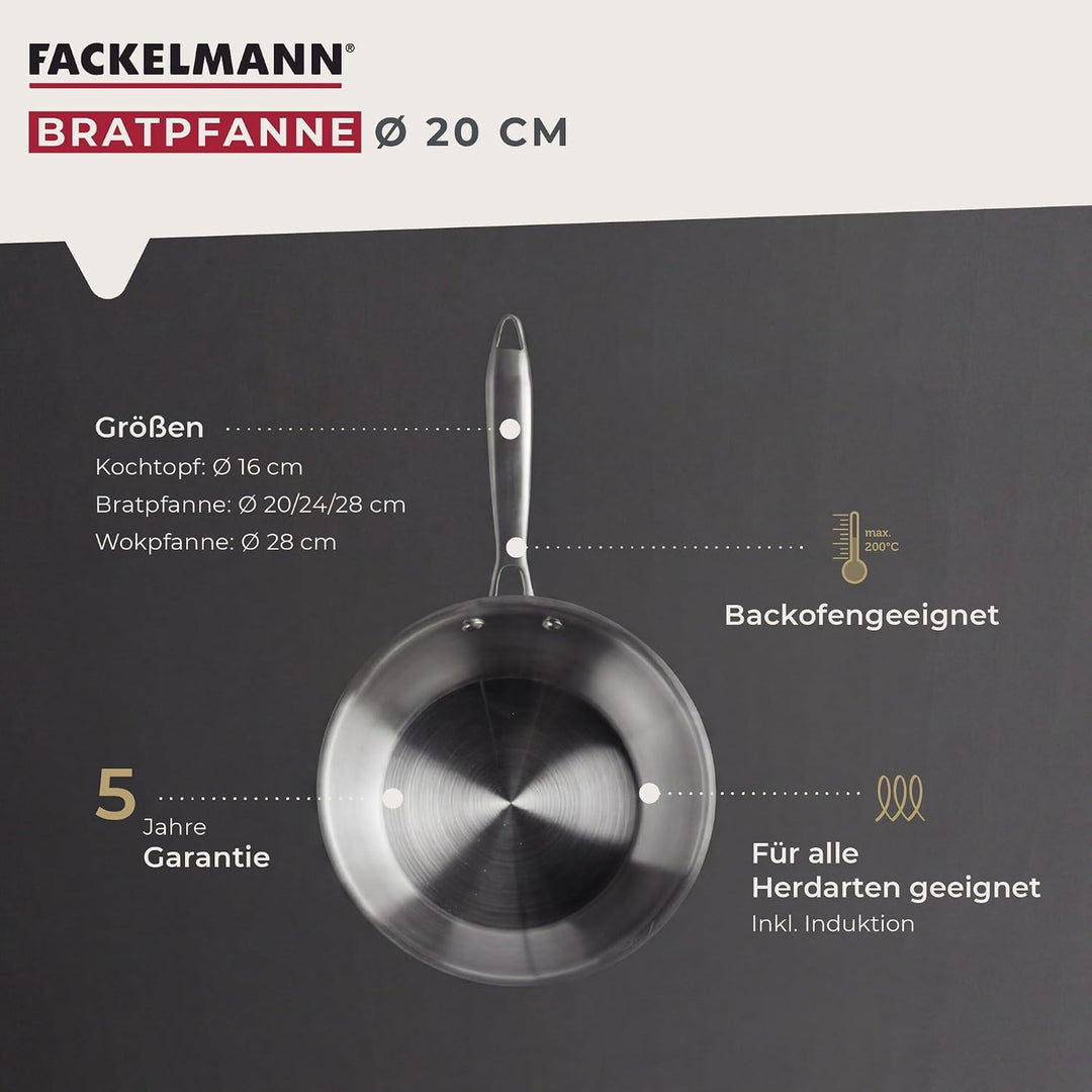 Fackelmann VITA3 Bratpfanne Ø 20 cm – Edelstahlpfanne mit ergonomischem Griff, für Induktion, Gas, E